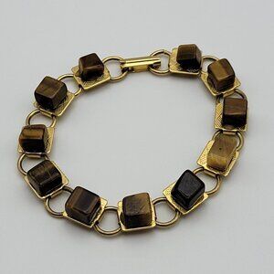 Vintage Art Deco Gold Tone Tiger's Eye Square Bead Bracelet 7.25 in Fold Clasp